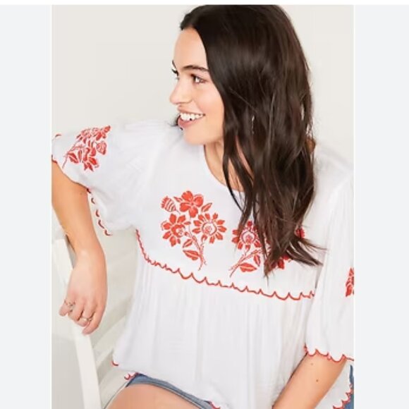 Old Navy Oversized Embroidered Short‑Sleeve Blouse – Women’s S – white lilies - Picture 1 of 13